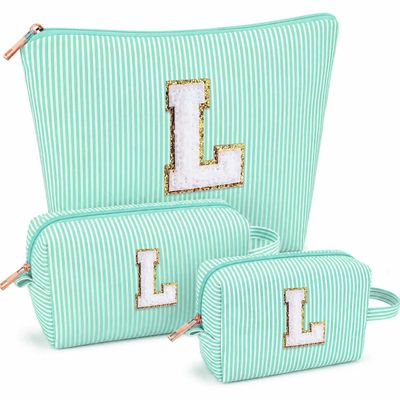 ARIVOY 3 PCS Initial Makeup Bags for Women - Cosmetic Bag for Travel Toiletry Personalized Cute Makeup Pouch Birthday Gifts for Grilfriend Wife Moms Bridesmaid Retirement Travel Gifts - Green L