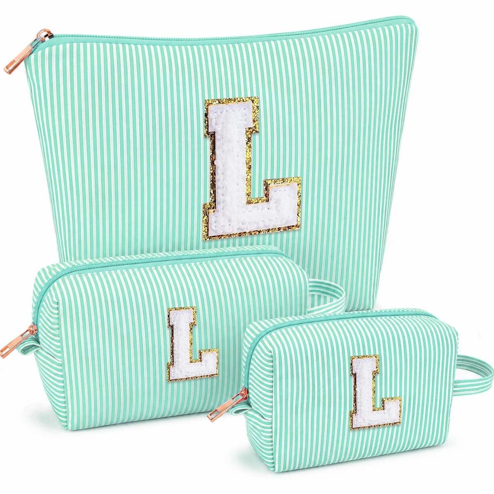 ARIVOY 3 PCS Initial Makeup Bags for Women - Cosmetic Bag for Travel Toiletry Personalized Cute Makeup Pouch Birthday Gifts for Grilfriend Wife Moms Bridesmaid Retirement Travel Gifts - Green L