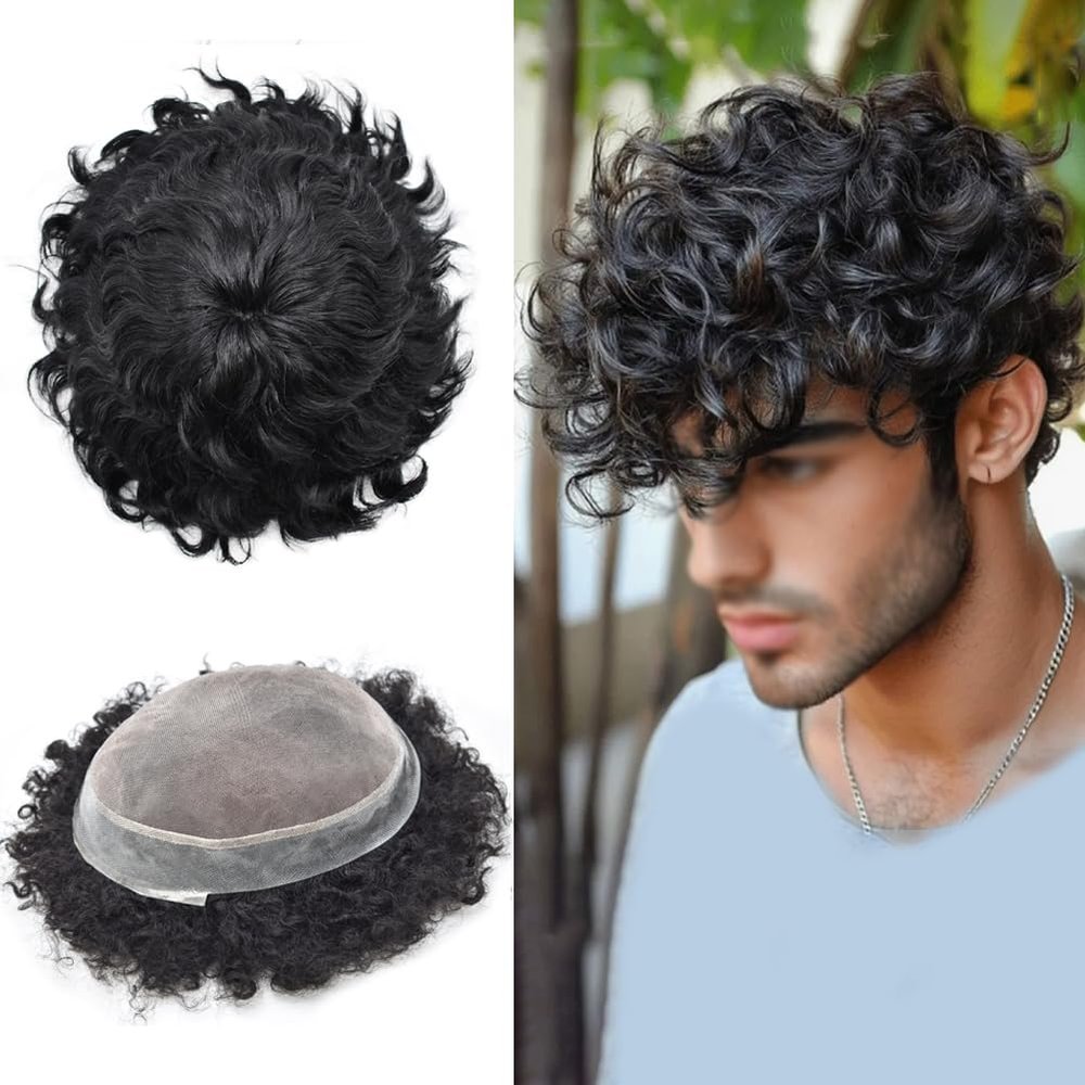 Right Hair Afro Toupee for Black Men Durable Afro Welded Mono Black Men Hair Piece Poly Hair System for Black Men8X10-25MM-120% medium light to medium density1# JET BLACK