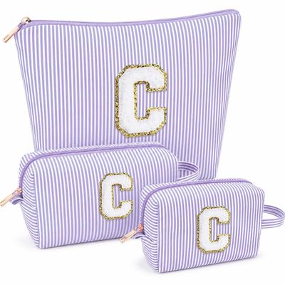 ARIVOY 3 PCS Initial Makeup Bags for Women - Cosmetic Bag for Travel Toiletry Personalized Cute Makeup Pouch Birthday Gifts for Grilfriend Wife Moms Bridesmaid Retirement Travel Gifts - Purple C