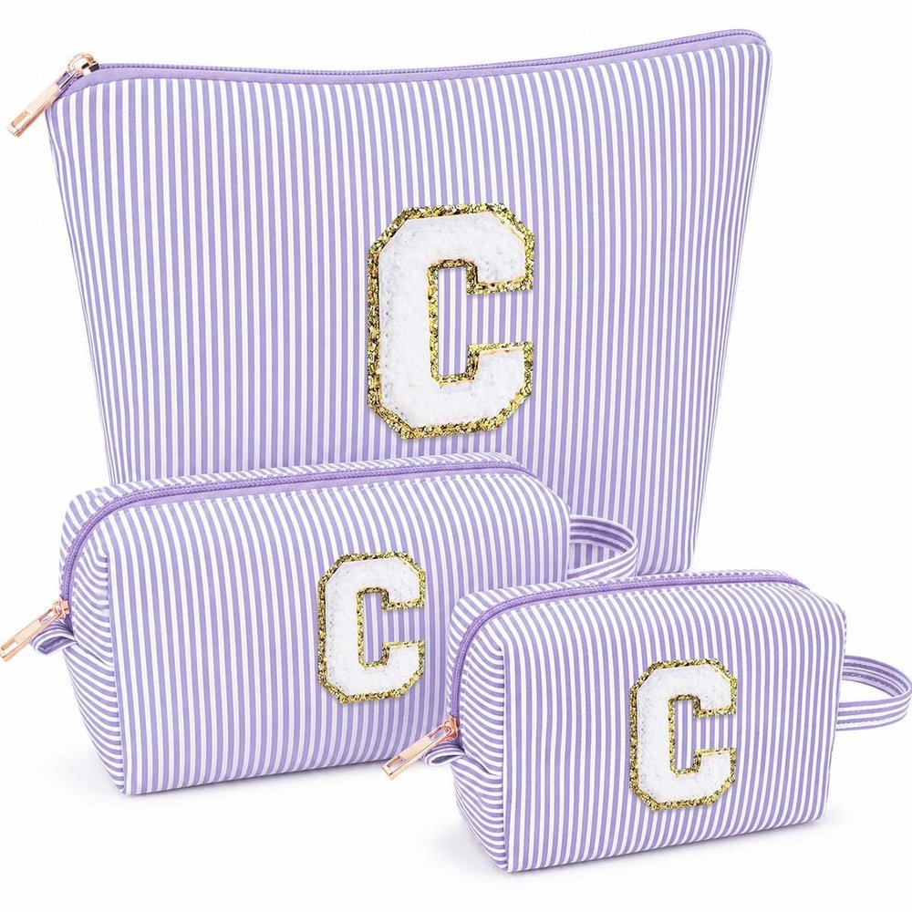 ARIVOY 3 PCS Initial Makeup Bags for Women - Cosmetic Bag for Travel Toiletry Personalized Cute Makeup Pouch Birthday Gifts for Grilfriend Wife Moms Bridesmaid Retirement Travel Gifts - Purple C