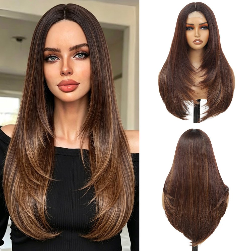 VOZIFAXIU Brown Highlight Wigs for Women 26 Inch Long Layered Wig Middle Part Brown Mix Blonde Wig Synthetic Heat Resistant Wig for Daily Party Use