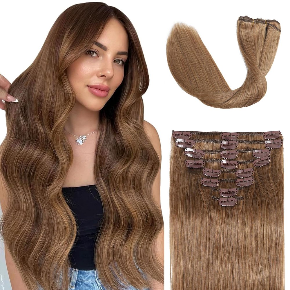 Chestnut Brown Hair Extensions Real Human Hair Clip Ins for Women 16inch