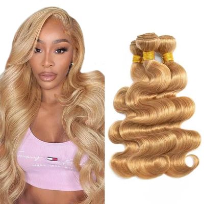 Color 27 Human Hair Bundles Honey Blonde Body Wave 3 Bundles 30 32 34 Inch Auokmar Hair Brazilian Grade 8A Virgin Remy Hair Extensions 330g