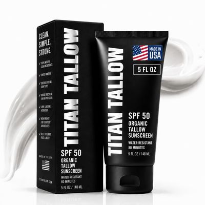 Titan Tallow SPF 50 Mineral Sunscreen Organic Grass-Fed Beef Tallow with Non-Nano Zinc Oxide Broad Spectrum UVA/UVB, Reef Safe, for Face and Body 5 Oz