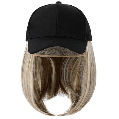 IMMEE Baseball Cap with Hair Extensions Hat Wig Adjustable Hat Attached Short Straight Synthetic Hairpiece for Women (Black hat MIgray wig)