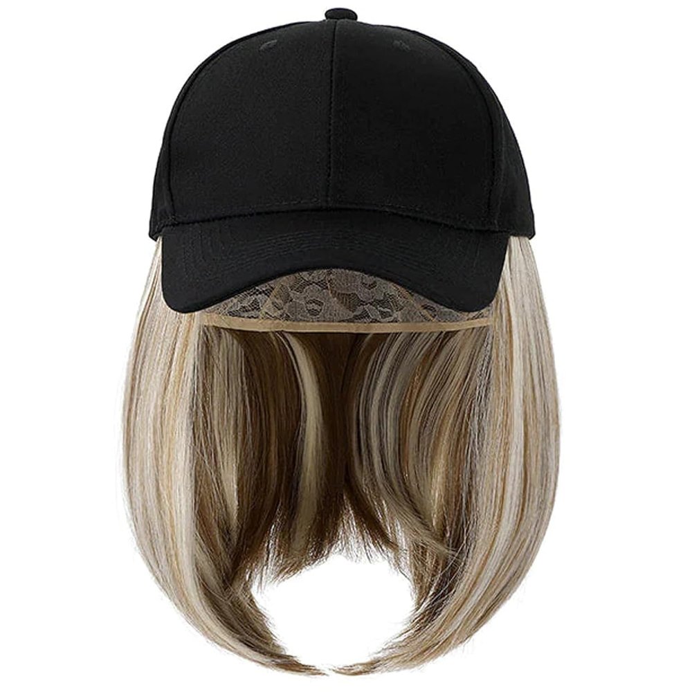 IMMEE Baseball Cap with Hair Extensions Hat Wig Adjustable Hat Attached Short Straight Synthetic Hairpiece for Women (Black hat MIgray wig)
