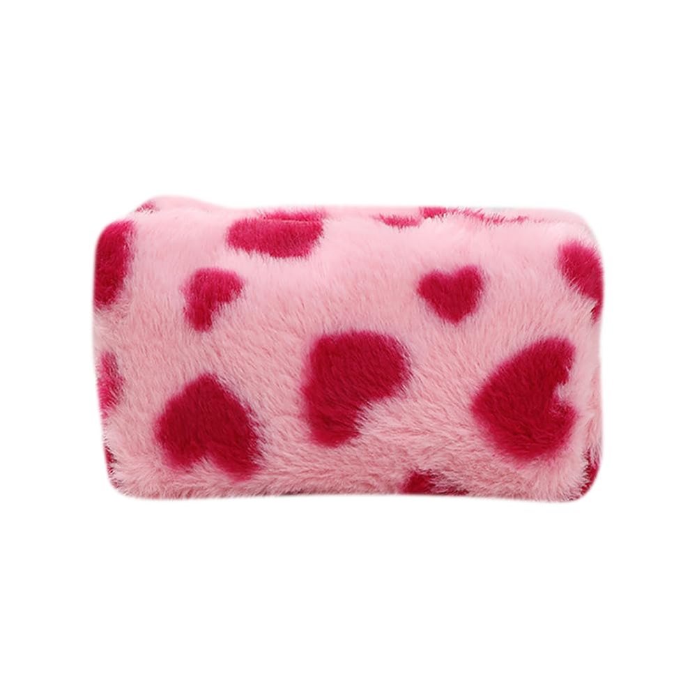 UUYYEO Faux Fur Makeup Bag Heart Print Cosmetic Bag Plush Make Up Pouch Soft Travel Toiletry Bag Fluffy Beauty Product Bag Aesthetic Skincare Pouch for Women Pink