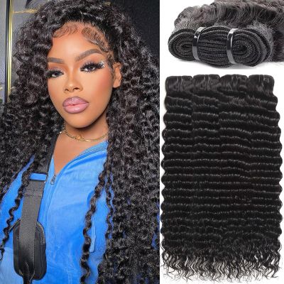 12A Deep Wave Human Hair Bundles 24 26 28 30 Inch Indian Raw Bundles Human Hair,100% Unprocessed Virgin Deals Real Human Hair Extensions,Natural Black Sew In Quick Weave Deep Wave Bundles for Women