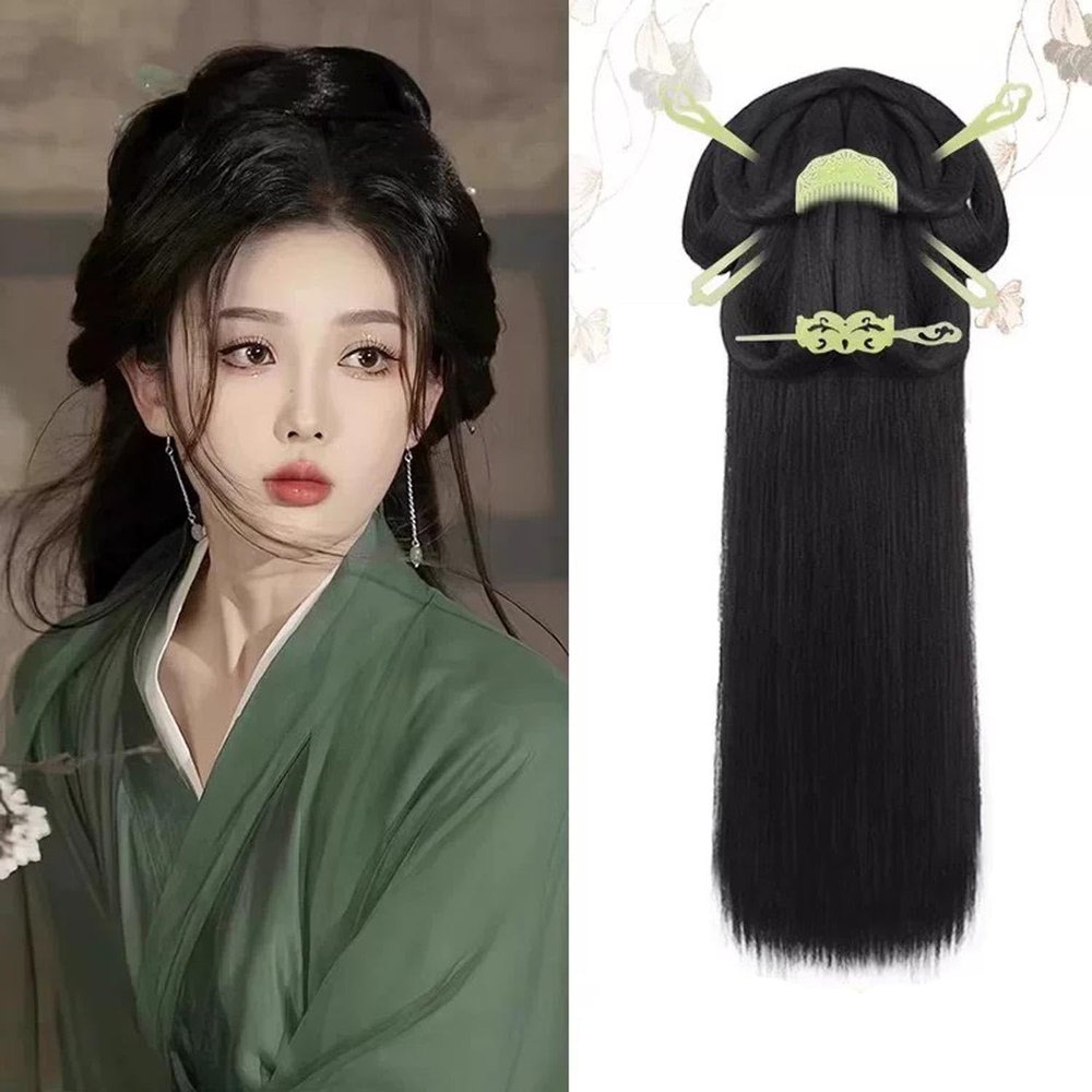 FARIDRUN Traditional Chinese-style Hanfu hair bun set with green hair accessories, pre-styled black synthetic hairpieces, suitable for women, complete ancient Chinese hairstyle for cosplay and Hanfu