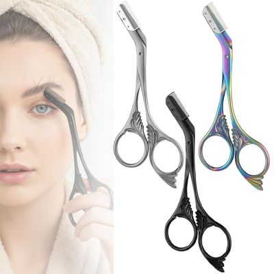 Eyebrow Trimmer Scissor with Comb, 2 in 1 Eyebrow Scissors for Women, Stainless Steel Precision Eyebrow Cutter Hair Removal Makeup Tool for Women and Men (3Color, 3pcs)