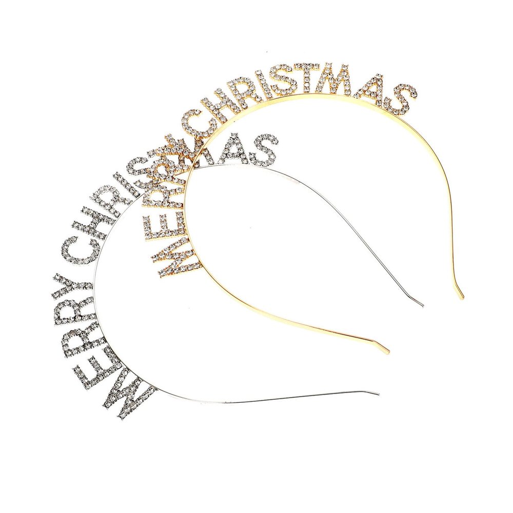 ULTECHNOVO 2pcs Rhinestone Letter Hairbands Christmas Xmas Party Headbands Chic Holiday Hair Accessories for Women New Year Headdresses Gold and White Set