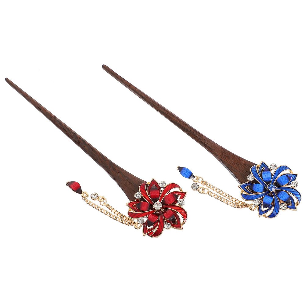 HOMSFOU 2pcs Ethnic Style Tassel Hair Sticks Hair Forks Handmade Red Blue for Women for Updo and Bun Styling