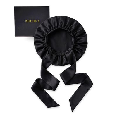 100% Mulberry Silk Bonnet for Sleeping Women, Handmade in USA 19 Momme Double Layer Reversible Silk Hair Wrap with Adjustable Ties, Non-Slip Sleep Cap for Curly & Natural Hair (Black)