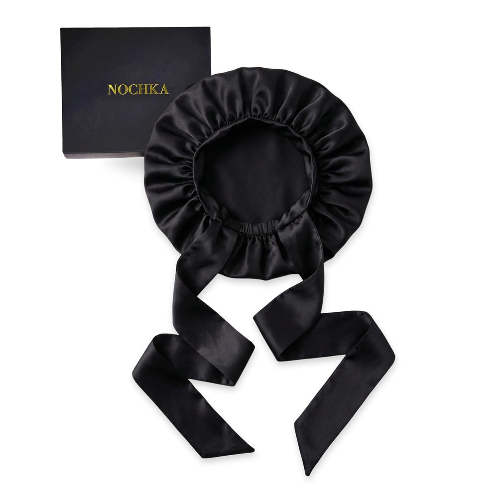 100% Mulberry Silk Bonnet for Sleeping Women, Handmade in USA 19 Momme Double Layer Reversible Silk Hair Wrap with Adjustable Ties, Non-Slip Sleep Cap for Curly & Natural Hair (Black)