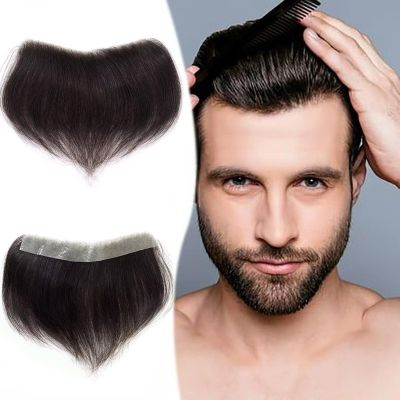 HAPPY&CC Forehead Hairline Toupee for Men High Density Human Hair Skin PU Mens Front Hairpieces V Loop Frontal Hair Topper for Receding Natural Hairline Replacement Systems #2 Dark Brown 16x1.5cm