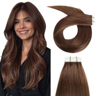 #4 Brown Tape in Extensions Human Hair 16 Inch Chocolate Brown Straight Tape in Seamless Extensions Dark Brown Hair Skin Weft Seamless Invisible Remy Hair 40g 10Pcs.