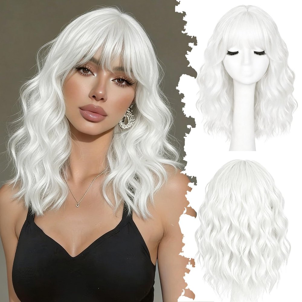 AllureLocks White Wig for Women Short Wavy Bob Wigs with Bangs 16 Inch
