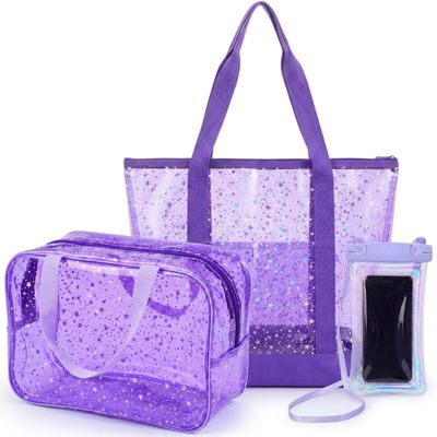 Sunnymove 3 Pcs Clear Stars Bag Set for Women Clear Beach Tote Cosmetic Bag PVC Phone Pouch for Summer Travel Pool(Purple)