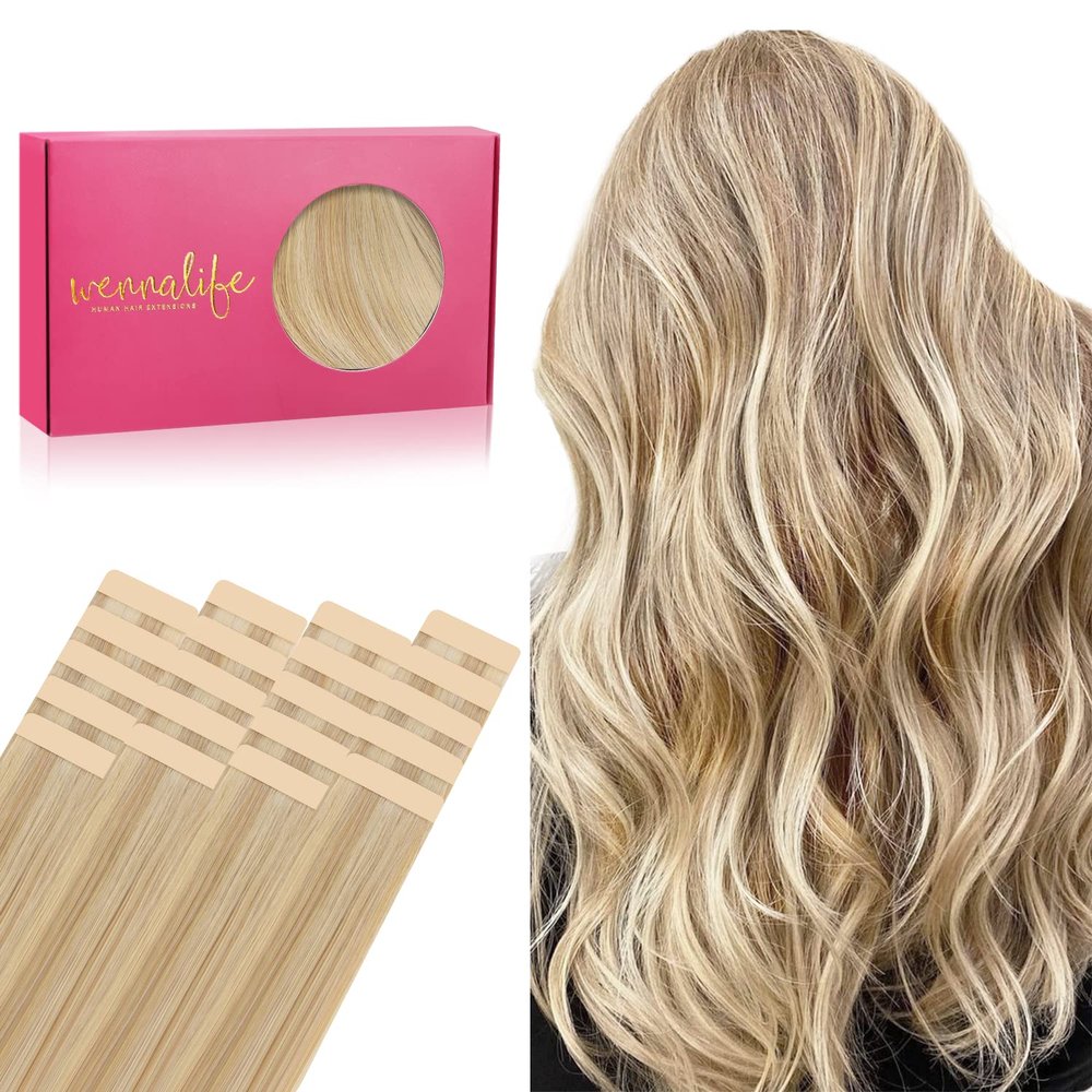 WENNALIFE Tape in Hair Extensions Human Hair, 20pcs 40g 12 inch Light Blonde Highlighted Golden Blonde Remy Hair Extensions Straight Human Hair Tape in Extensions Skin Weft