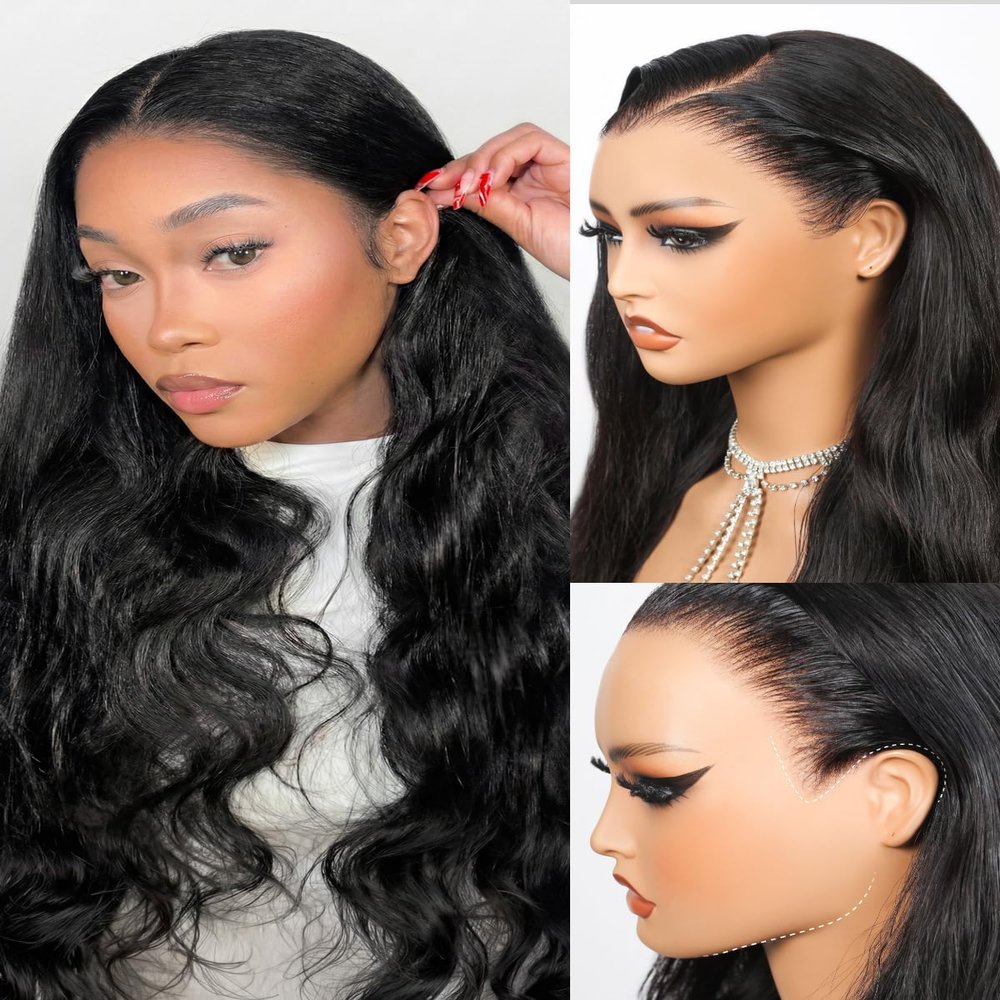 Megalook hair 13x6 Glueless Wigs Human Hair Pre Plucked Pre Cut 220% Density Body Wave Bleached Knots HD Lace Front Wigs Human Hair Drawstring Wig Natural Black 18 Inch