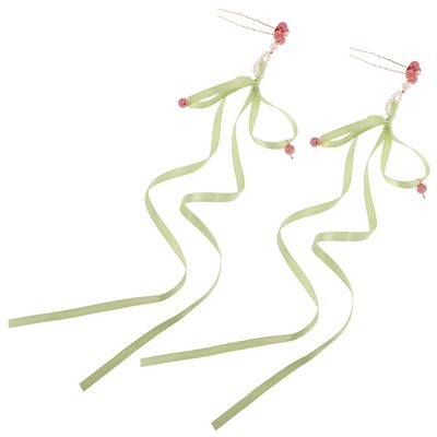 IMIKEYA Vintage U-shaped Hair Chopsticks 2pcs Green Ribbon Floral Hair Pins with Bow Tassel for Hanfu Bun Updo Accessories