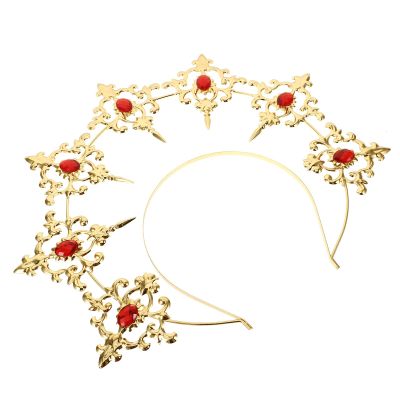ibasenice Baroque Crown Headband for Women with Red Rhinestones Gold Base, Lady Goddess Headband Party Photo Prop, Decorative Lolita Hair Accessory for Cosplay and Masquerade