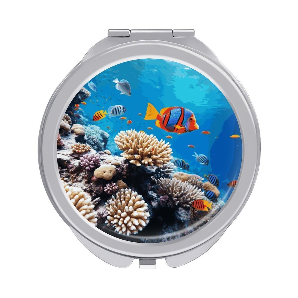 Ocean Tropical Fish Coral Makeup Mirror Fashion Double Sided Pocket Mirror Small Compact Travel Mirror Cute Round Folding Mirror for Purse Women Birthday Valentine's Day