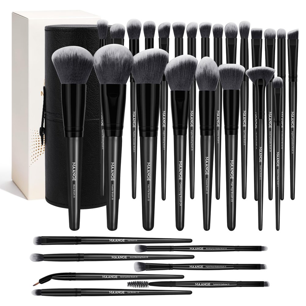 MAANGE 30 Pcs Professional Makeup Brush Set with Travel Case Kabuki, Foundation, Powder, Blush,Blending& Eyeshadow Brushes, Labeled for Gift-Ready Box,Black Coffee