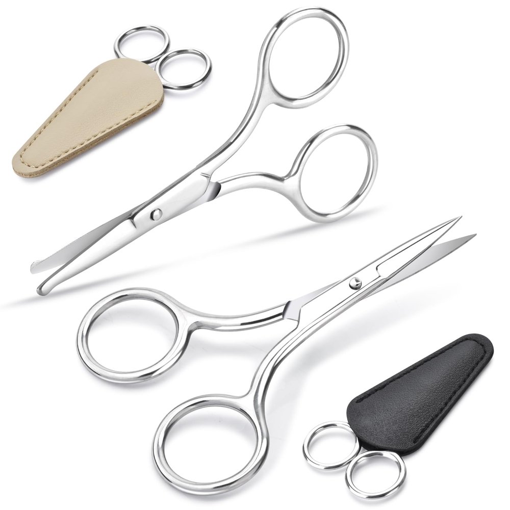 2Pcs Facial Hair Small Grooming Scissors For Men & Women - Eyebrow, Nose Hair, Mustache, Beard, Eyelashes, Ear Hair Trimming Kit, Pointed Scissors and Round Scissors, Travel Friendly Mini Scissors Set