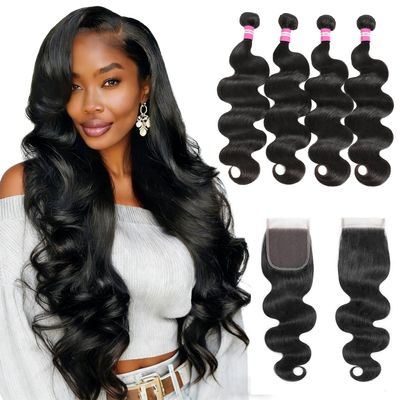 13A+ Body Wave Bundles Human Hair with Closure, 100% Indian Raw Virgin Hair