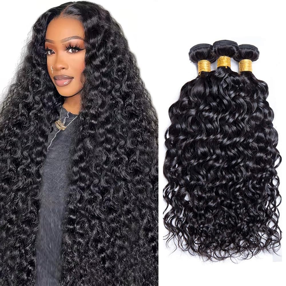 Human Hair Bundles Water Wave Bundles 30 32 34 Inch Unprocessed Brazilian Virgin Wet and Wavy Hair Natural Black 3 Bundle Human Hair Extensions 150g