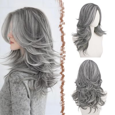 FESHFEN Wavy Layered Wig with Curtain Bangs for Women, 20 Inch Grey Long Synthetic Natural Looking Middle Part Hair Wig For Costume Party Daily Use