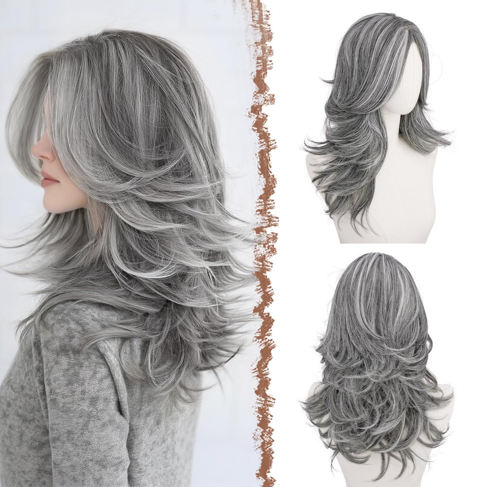 FESHFEN Wavy Layered Wig with Curtain Bangs for Women, 20 Inch Grey Long Synthetic Natural Looking Middle Part Hair Wig For Costume Party Daily Use