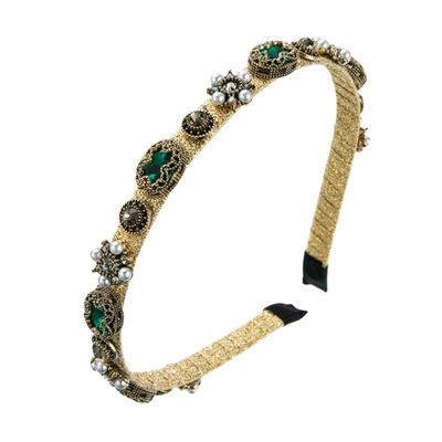 DINHEAROM Baroque Green Pearl Flower Headband Rhinestones, Thin Metal Hair Hoop for Women, Delicate Spa Facial Care Hair Accessory