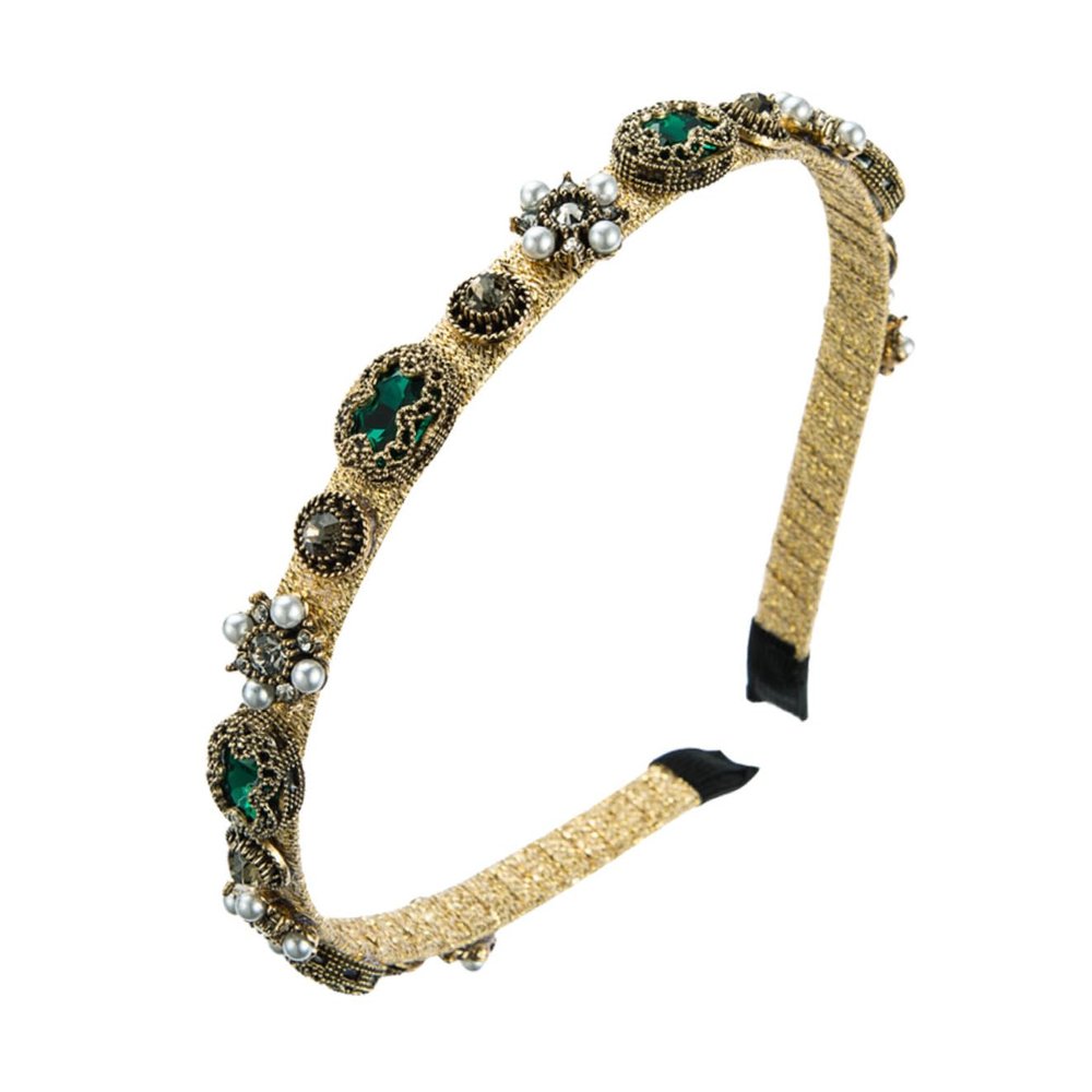 DINHEAROM Baroque Green Pearl Flower Headband Rhinestones, Thin Metal Hair Hoop for Women, Delicate Spa Facial Care Hair Accessory