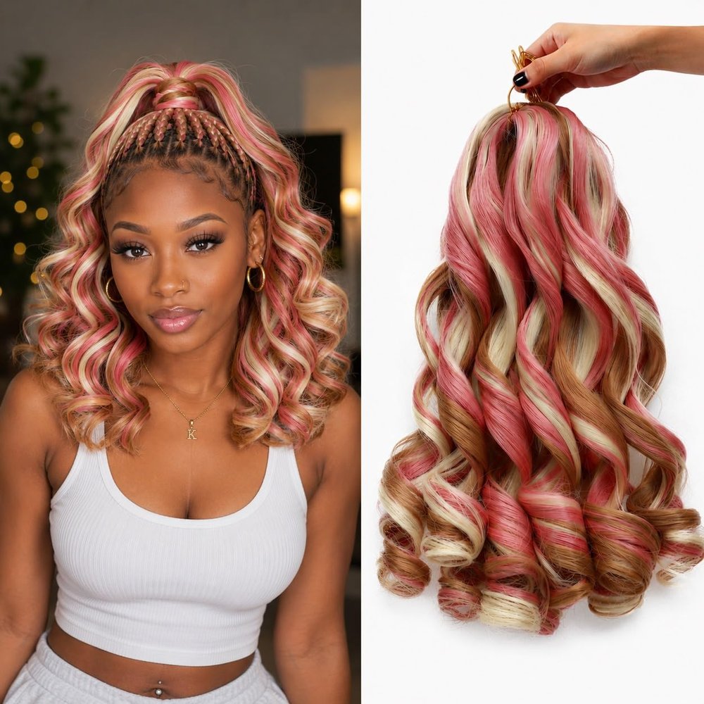 French Curl Braiding Hair, P27/613/Pink, 12 Inch, 8 Packs