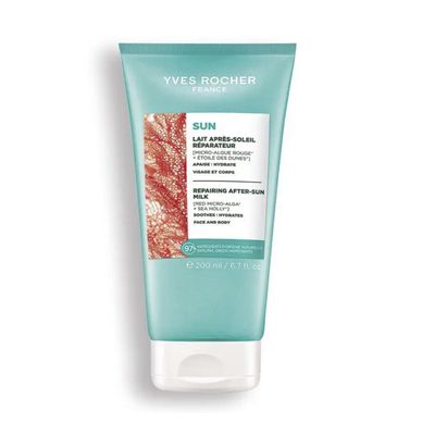Yves Rocher Sun Moisturizing Milk Face and Body After Sun Lotion Red Microalgae Extract Hydrating Refreshing Lightweight Texture Daily Summer Skin Care Women 200 ml / 6.76 flOz