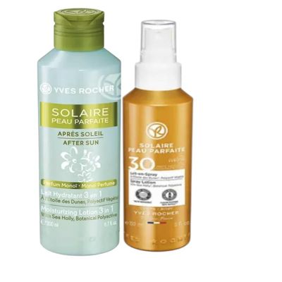 Yves Rocher Solaire Moisturizing Daytime Lotion Spray Defense 30 Face Body Hydration After Sun Milk Soothing Nourishing Skin Care Set All Skin Types 150 ml 5 fl oz + 200 ml 6.7 fl oz