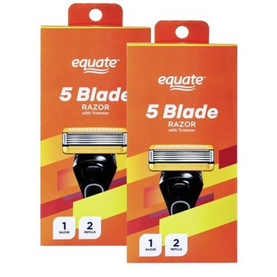 Equate 5 Blade Razor with Trimmer, Triple Coated Blades, Lubrication Strips, Flip Back Trimmer, 1 Razor and 2 Refills, 2 Pack