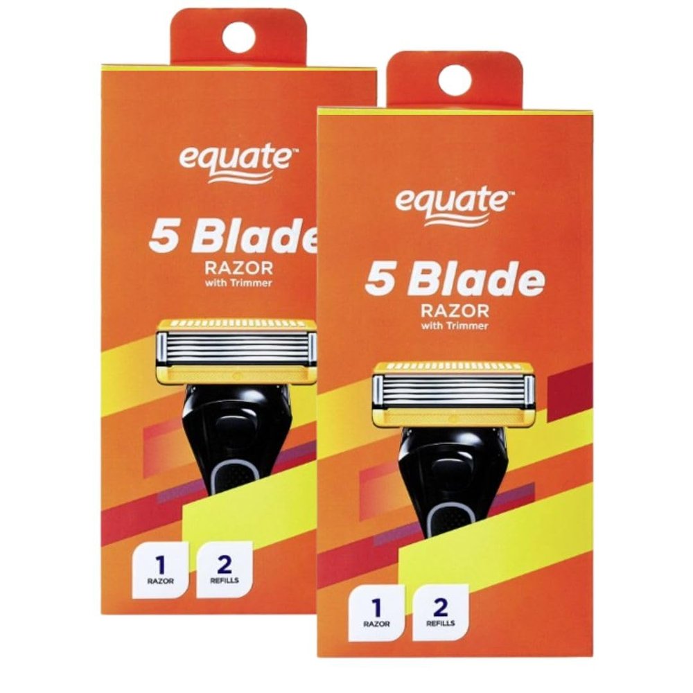 Equate 5 Blade Razor with Trimmer, Triple Coated Blades, Lubrication Strips, Flip Back Trimmer, 1 Razor and 2 Refills, 2 Pack