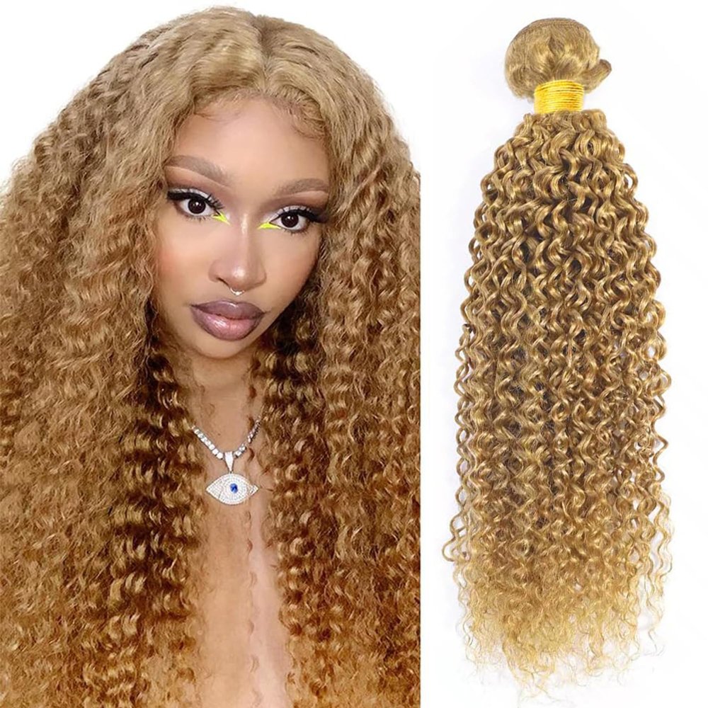 Curly Wave Human Hair Bundles 26 Inch Color #27 Honey Blonde Virgin 1 Bundle Golden Blonde Curly Wave Bundles Human Hair Extensions 100G