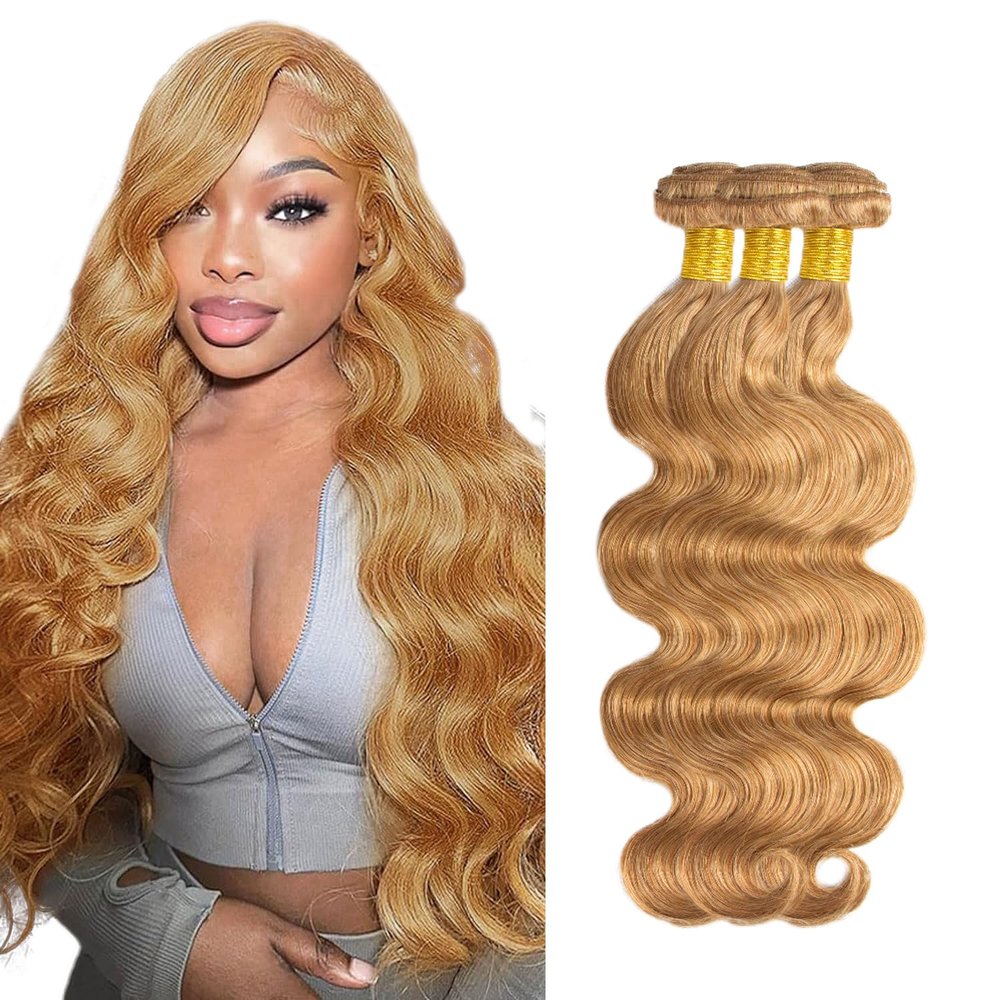 HeioWuio 30 32 34 Inch #27 Blonde Bundles Body Wave 3 Bundles Human Hair Brazilian Remy Hair 50 Grams/Bundle Unprocessed Virgin Hairs Honey Blonde Color Body Wave Bundle Weaves Extensions