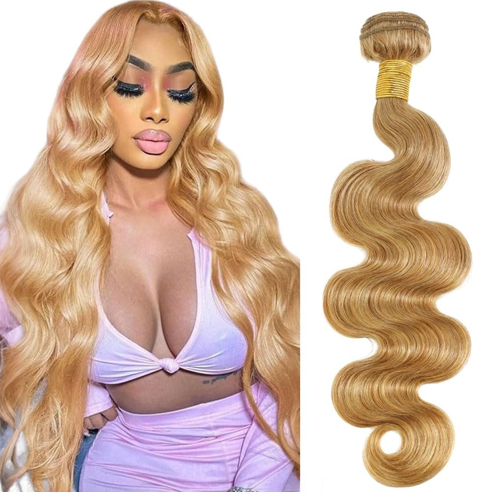Body Wave Human Hair Bundles 34 Inch Color #27 Honey Blonde Virgin 1 Bundle Golden Blonde Body Wave Bundles Human Hair Extensions 100G