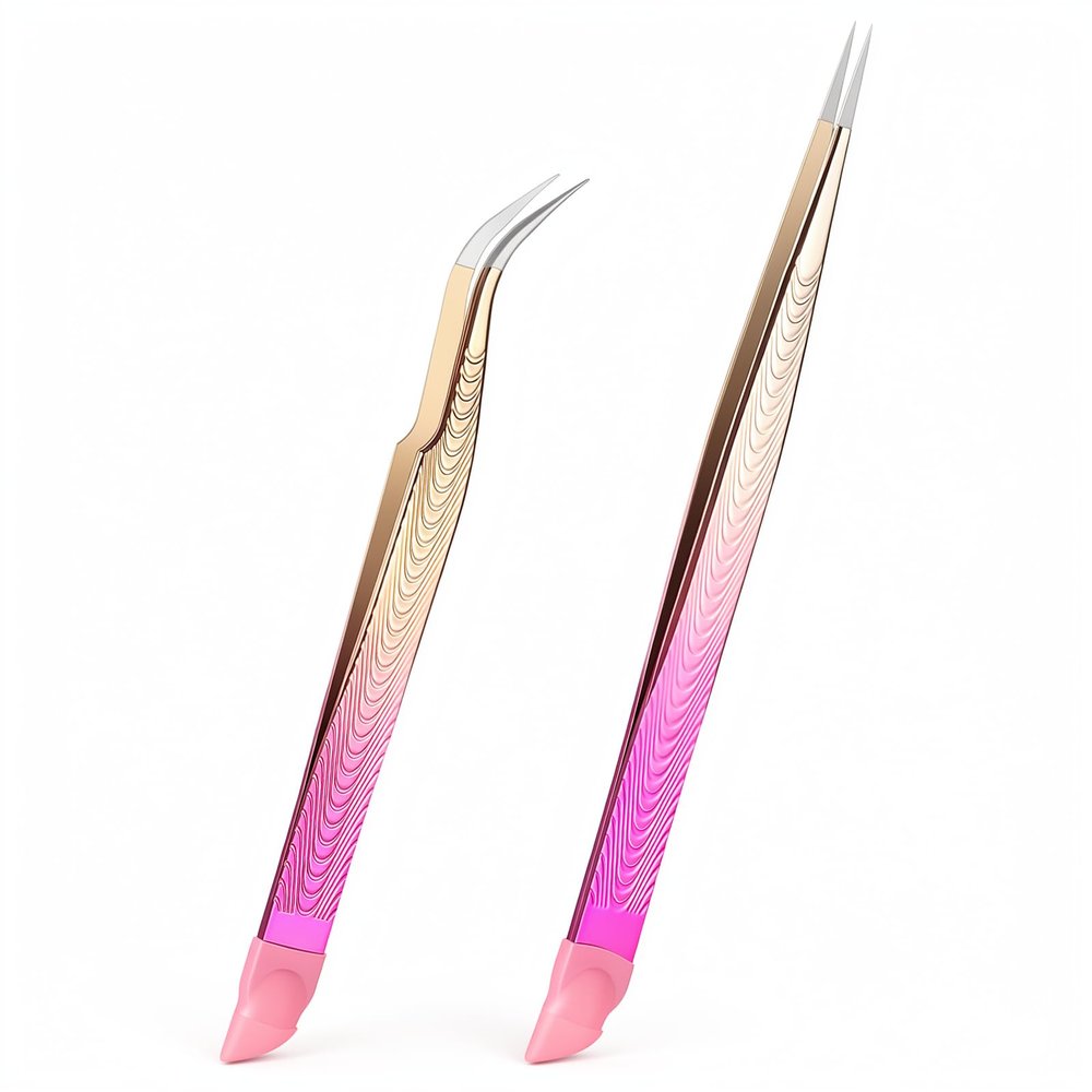 2PCS Crystal Pink Nail Tweezer, Double Ended Sticker Tweezers with Silicone Pressing Head for Craft, Precision Rhinestone Picker Tool for Jewelry Eyelash Nail Art, Curved Tip Tweezers Kit