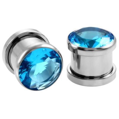 Hoisy Set of 2 Body Piercing Jewelry, 6G(4mm) Stainless Steel Ear Gauges Stretching Kit, with Blue Cubic Zirconia Ear Plugs and Tunnels Light Blue