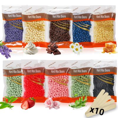 Hard Wax Beads for Hair Removal10 Pack Wax Beads+10 Waxing Sticks,At Home Waxing for Women Men,Hard Wax for Face,Bikini,Legs&Body