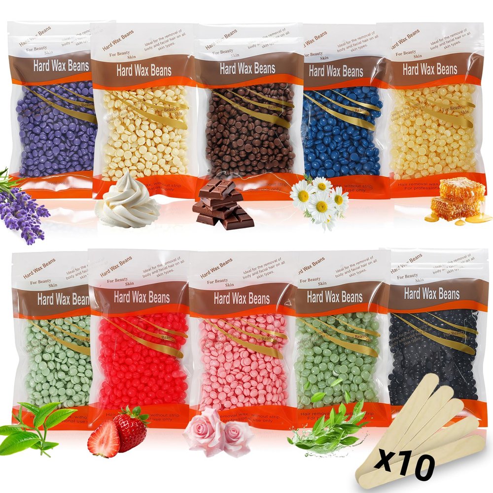 Hard Wax Beads for Hair Removal10 Pack Wax Beads+10 Waxing Sticks,At Home Waxing for Women Men,Hard Wax for Face,Bikini,Legs&Body