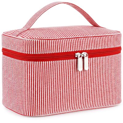 Huhumy Large Makeup Bag Women Seersucker Toiletry Bag, Red, Stripe