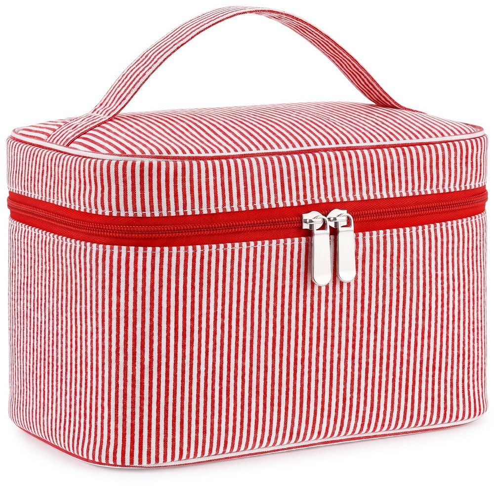 Huhumy Large Makeup Bag Women Seersucker Toiletry Bag, Red, Stripe